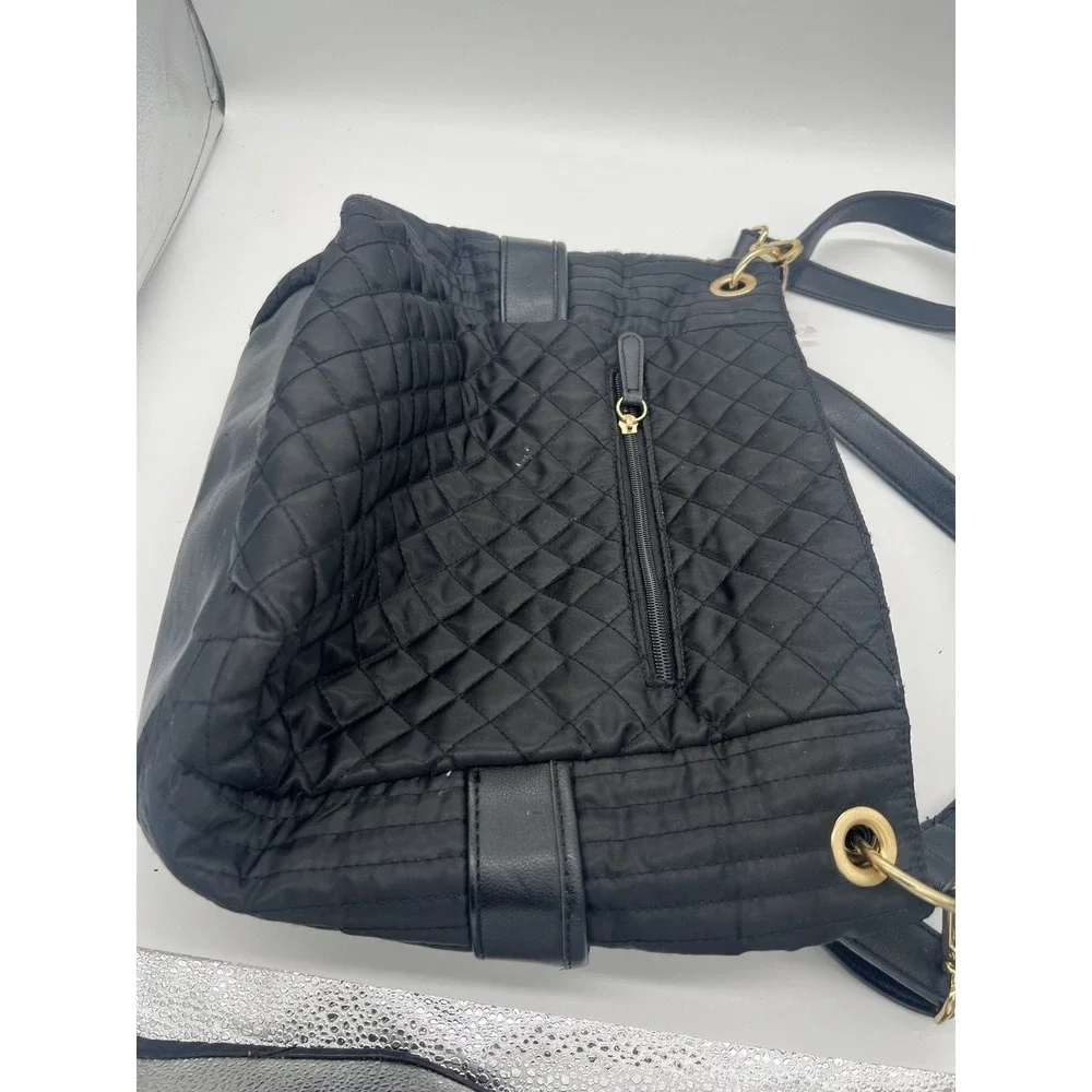 Nicole Miller New York Black Quilted Nylon Shoulder Bag Hobo Leopard Lining